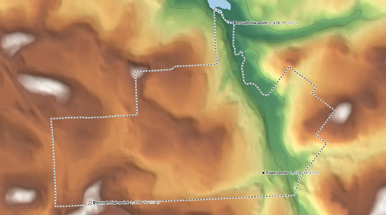 Topographic elevation map of Moscow, Pennsylvania, shaded from 1,420 ft on the north side to 1,890 ft on the west side