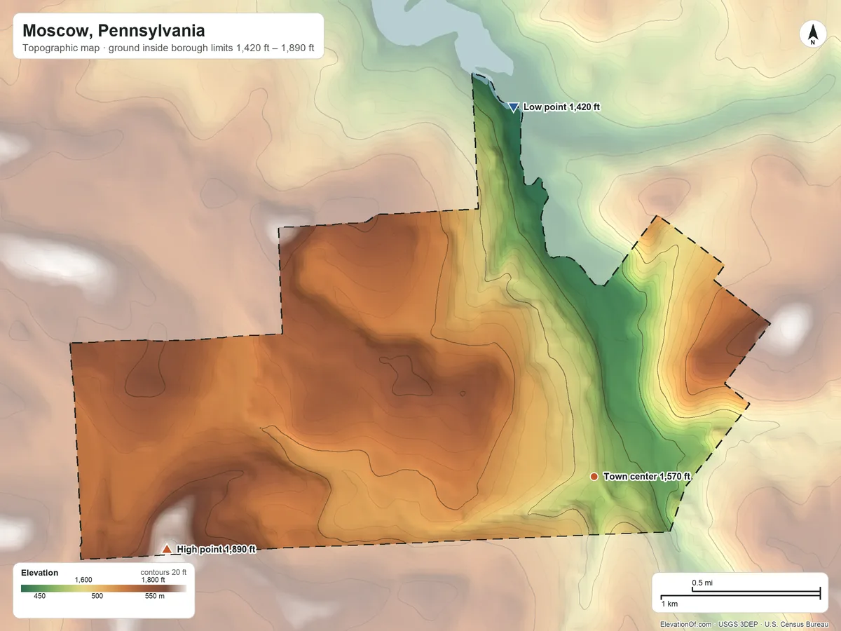 Topographic elevation map of Moscow, Pennsylvania, shaded from 1,420 ft on the north side to 1,890 ft on the west side