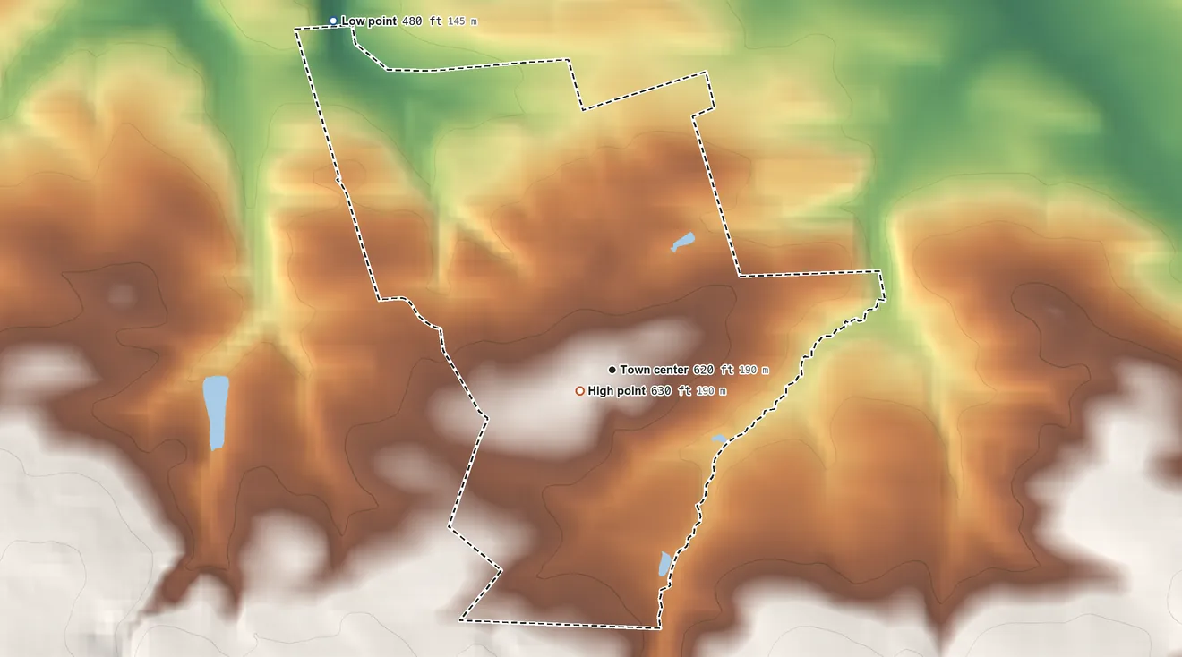 Topographic elevation map of Mount Aetna, Pennsylvania, shaded from 480 ft on the northwest side to 630 ft near the middle