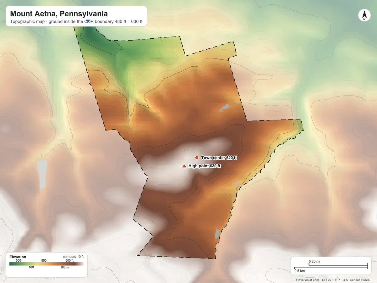 Topographic elevation map of Mount Aetna, Pennsylvania, shaded from 480 ft on the northwest side to 630 ft near the middle
