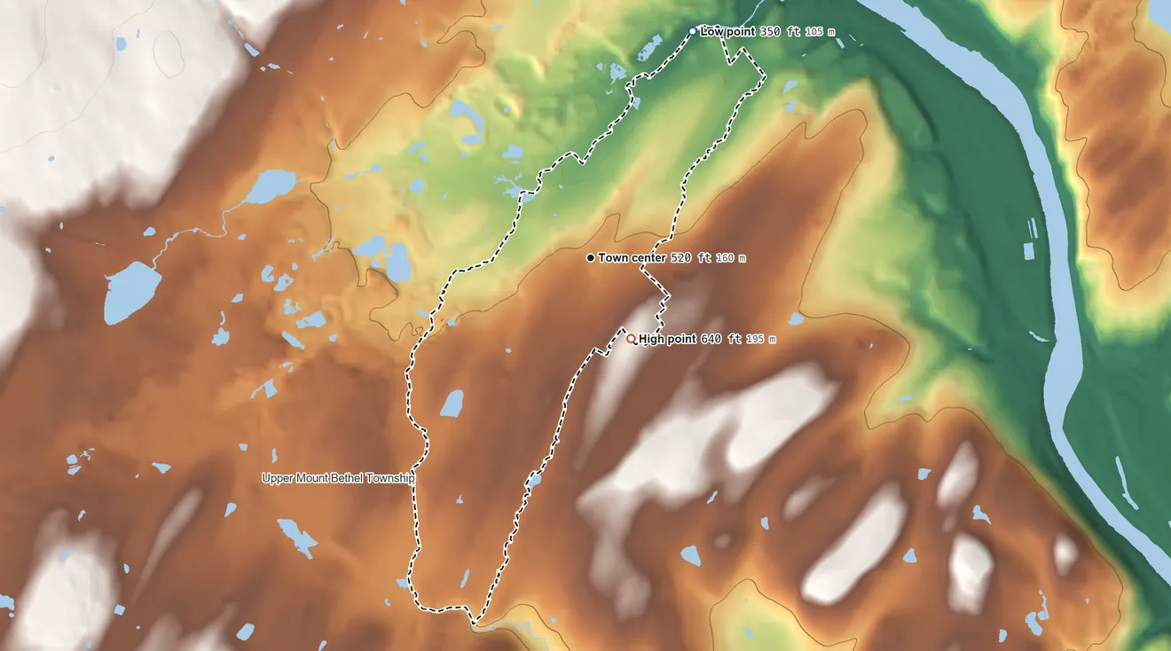 Topographic elevation map of Mount Bethel, Pennsylvania, shaded from 350 ft on the northeast side to 640 ft on the southeast side