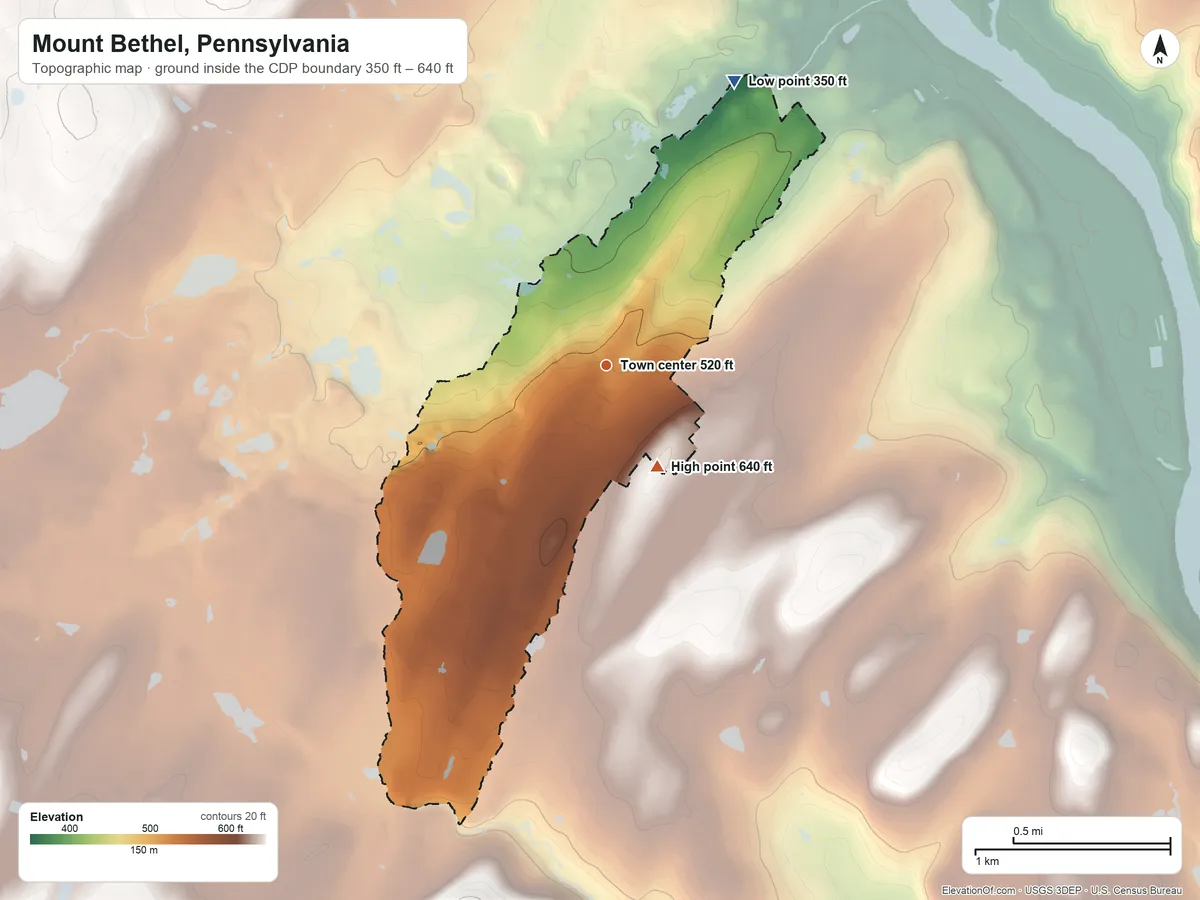 Topographic elevation map of Mount Bethel, Pennsylvania, shaded from 350 ft on the northeast side to 640 ft on the southeast side
