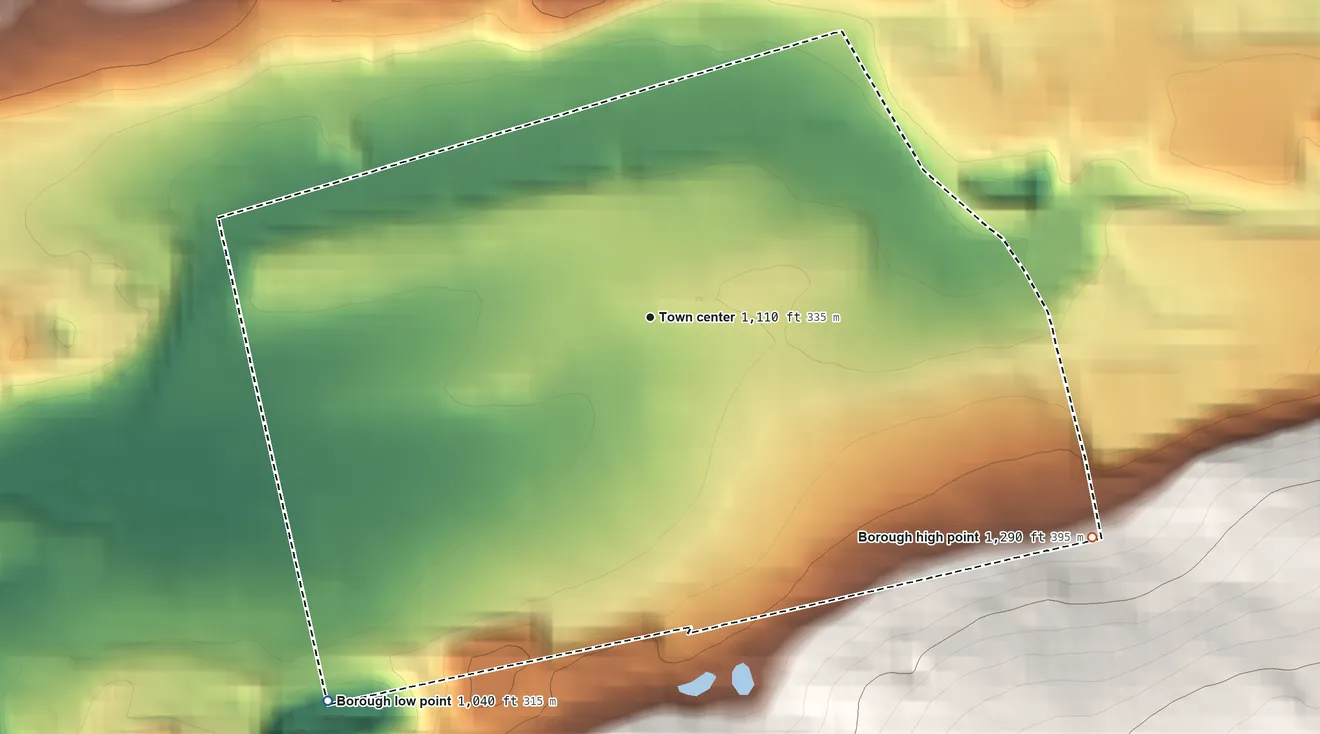 Topographic elevation map of Mount Carmel, Pennsylvania, shaded from 1,040 ft on the southwest side to 1,290 ft at the foot of the Little Mountain