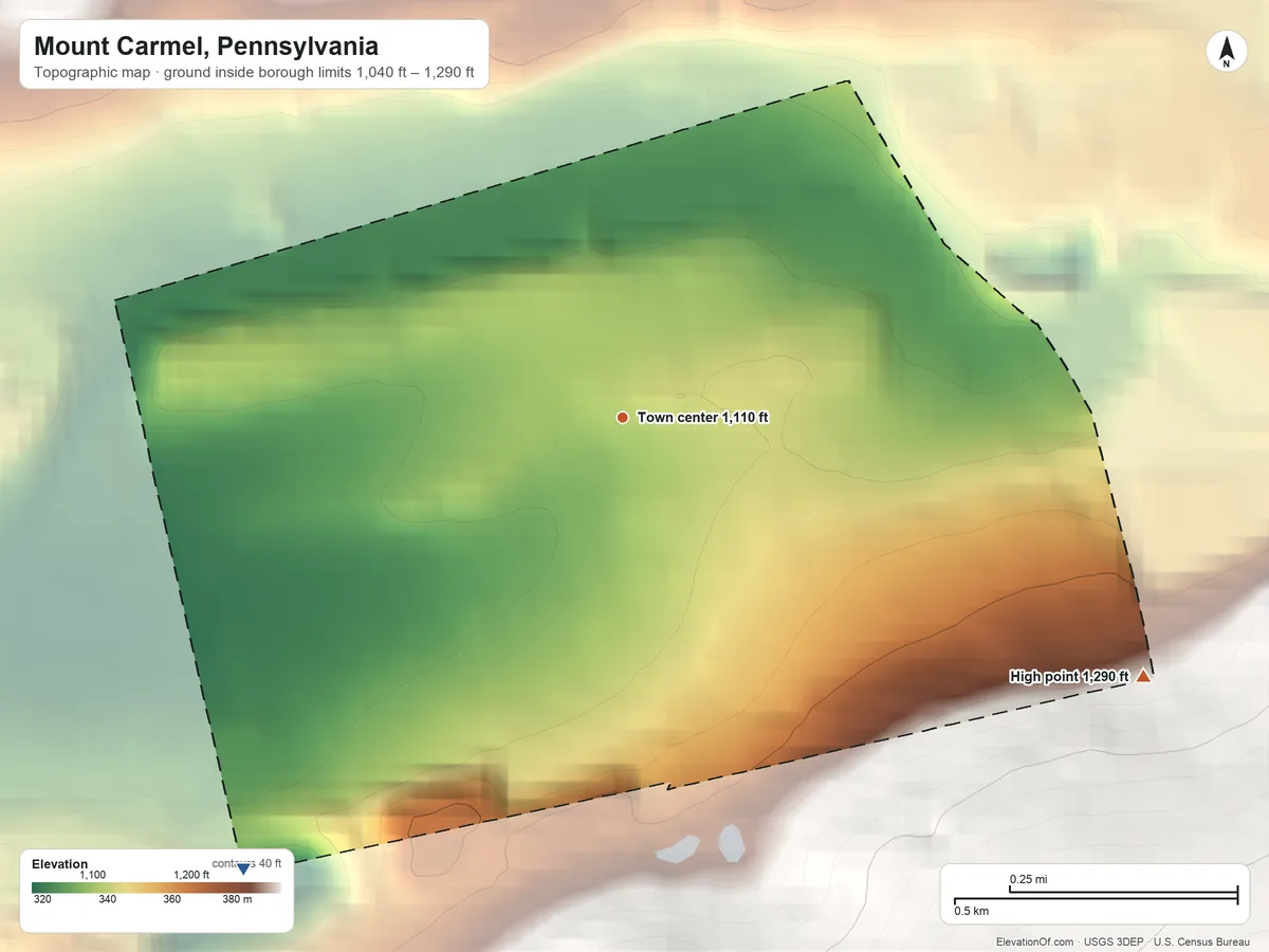 Topographic elevation map of Mount Carmel, Pennsylvania, shaded from 1,040 ft on the southwest side to 1,290 ft at the foot of the Little Mountain