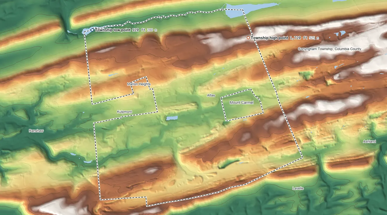 Topographic elevation map of Mount Carmel Township, Pennsylvania, shaded from 920 ft on the northwest side to 1,720 ft on the northeast side