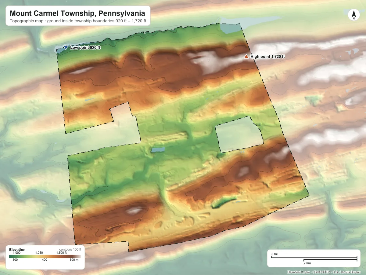 Topographic elevation map of Mount Carmel Township, Pennsylvania, shaded from 920 ft on the northwest side to 1,720 ft on the northeast side