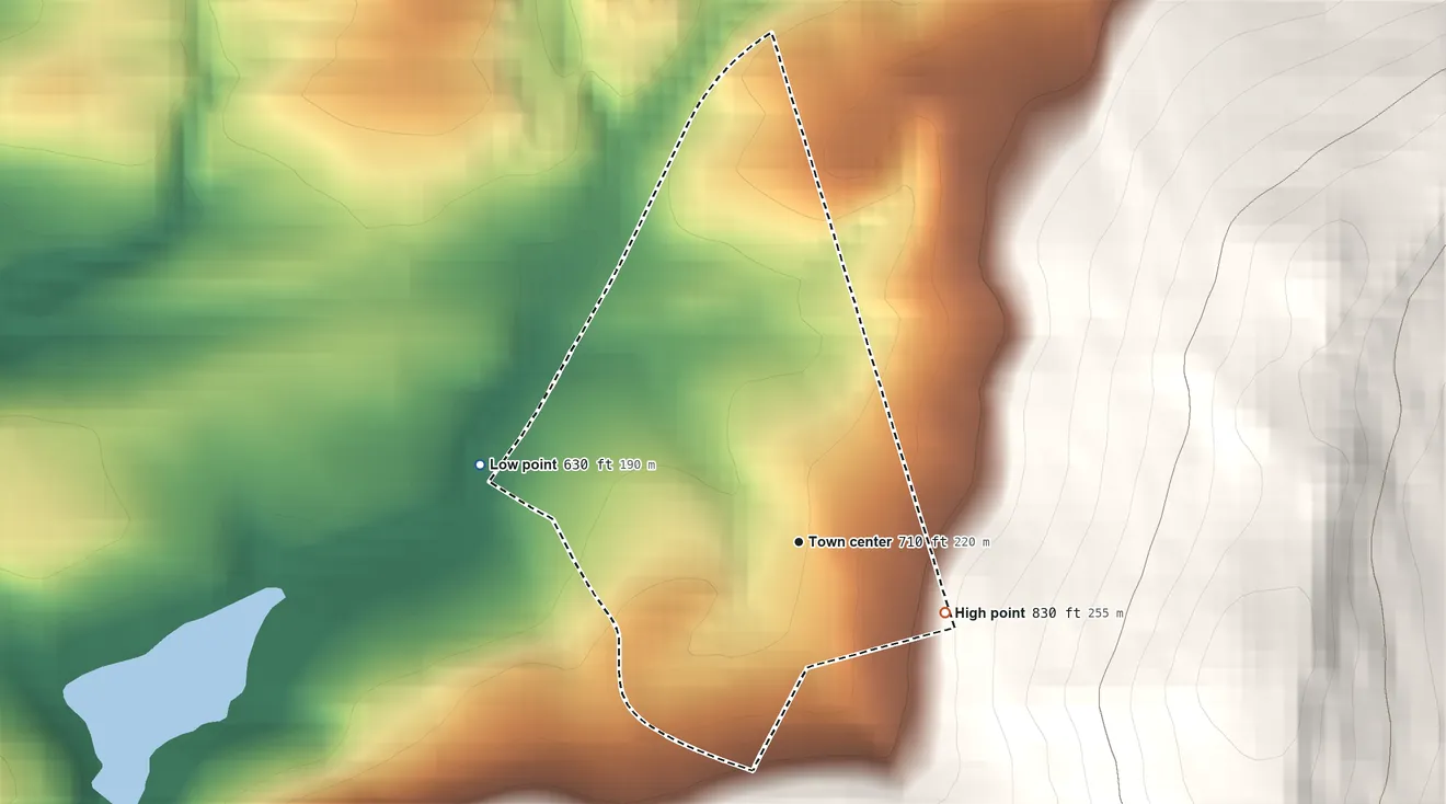 Topographic elevation map of Mount Gretna Heights, Pennsylvania, shaded from 630 ft on the west side to 830 ft on the southeast side