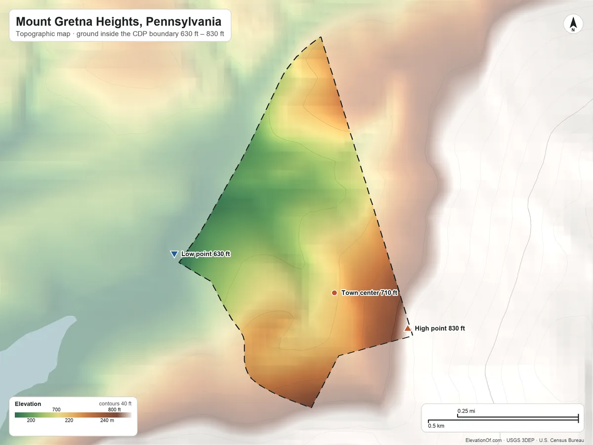 Topographic elevation map of Mount Gretna Heights, Pennsylvania, shaded from 630 ft on the west side to 830 ft on the southeast side