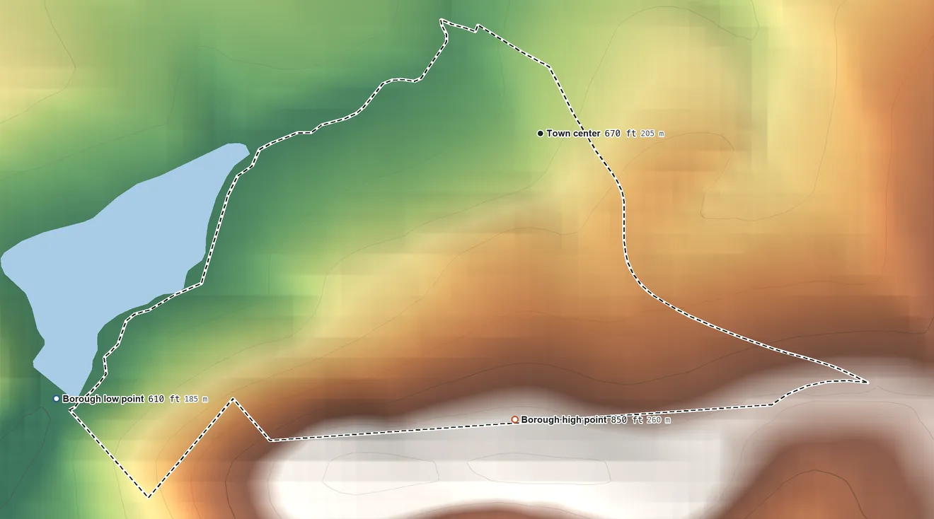 Topographic elevation map of Mount Gretna, Pennsylvania, shaded from 610 ft on the southwest side to 850 ft on the south side