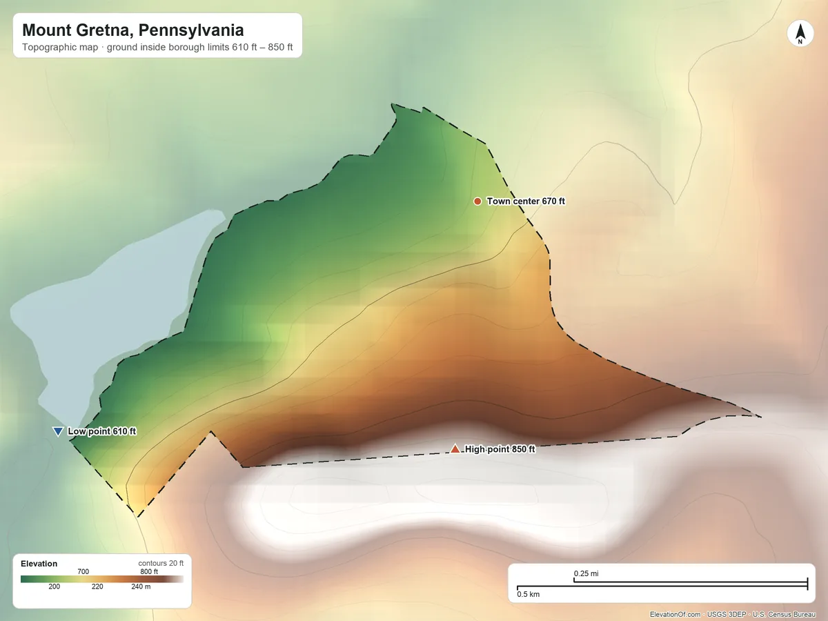 Topographic elevation map of Mount Gretna, Pennsylvania, shaded from 610 ft on the southwest side to 850 ft on the south side