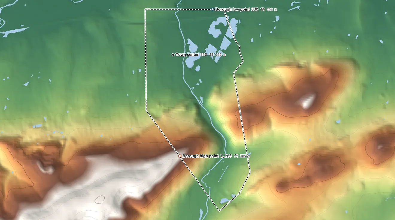 Topographic elevation map of Mount Holly Springs, Pennsylvania, shaded from 530 ft on the northeast side to 1,260 ft on the south side
