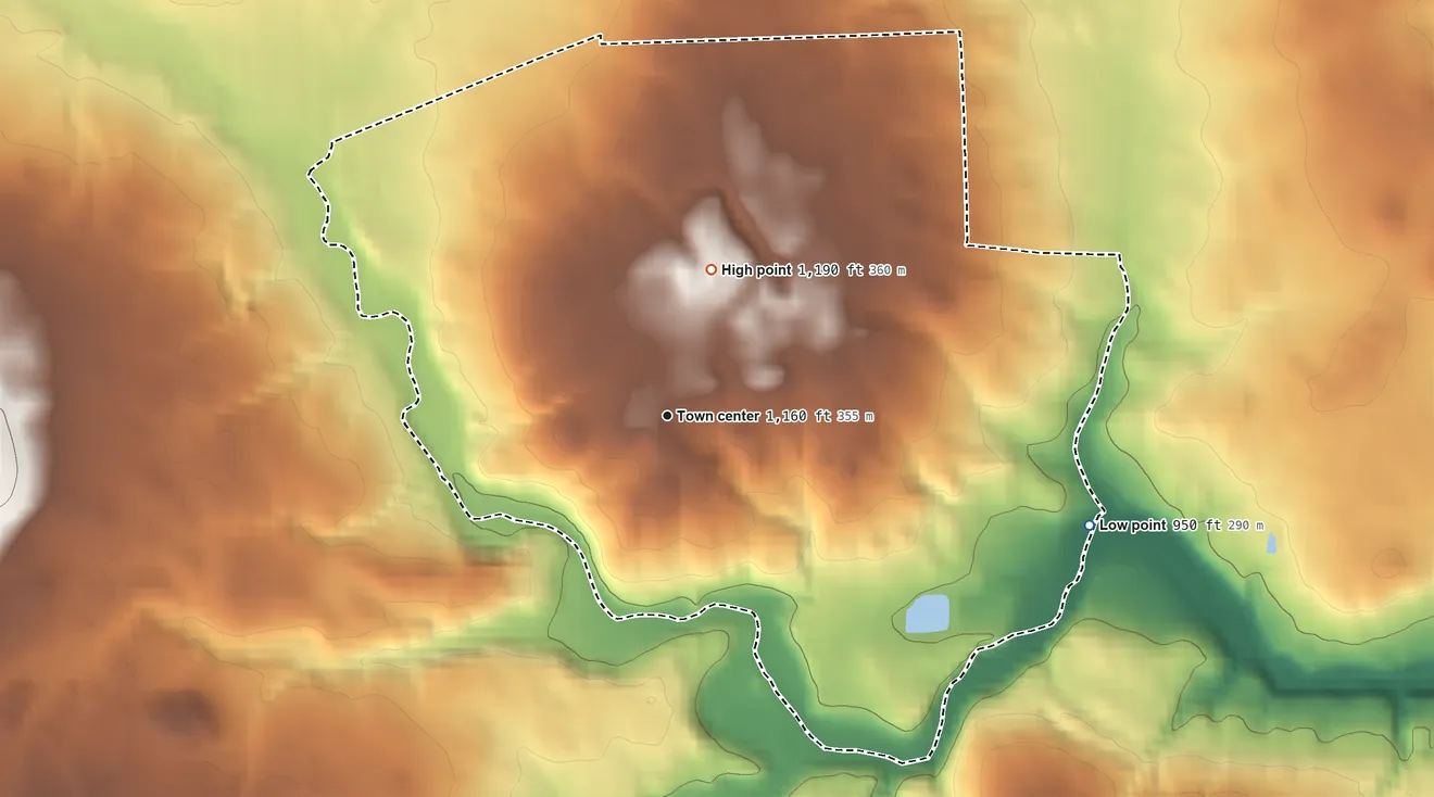 Topographic elevation map of Mount Jackson, Pennsylvania, shaded from 950 ft on the east side to 1,190 ft on the north side