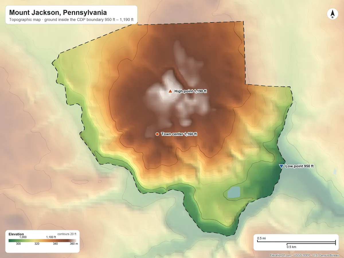 Topographic elevation map of Mount Jackson, Pennsylvania, shaded from 950 ft on the east side to 1,190 ft on the north side