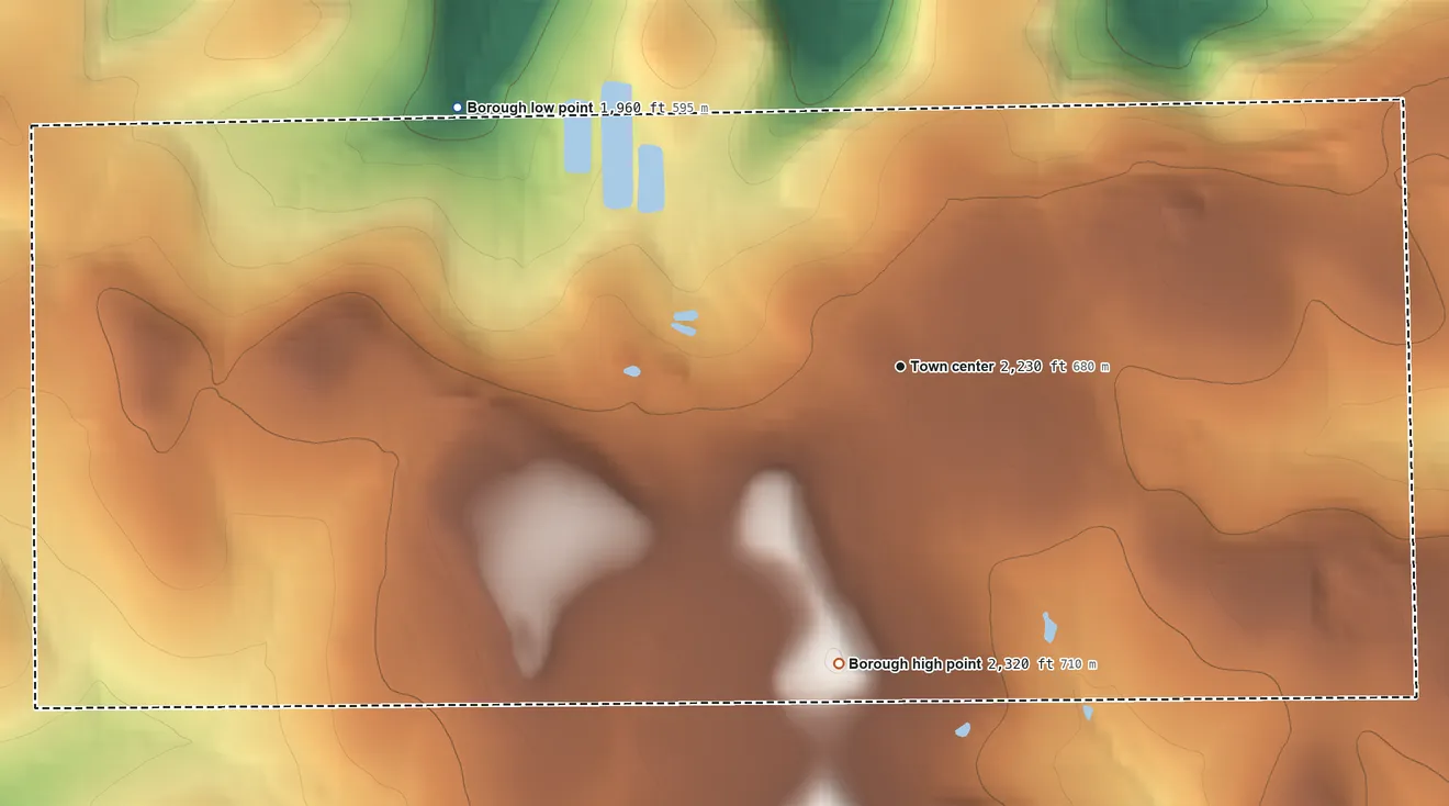 Topographic elevation map of Mount Jewett, Pennsylvania, shaded from 1,960 ft on the northwest side to 2,320 ft on the south side
