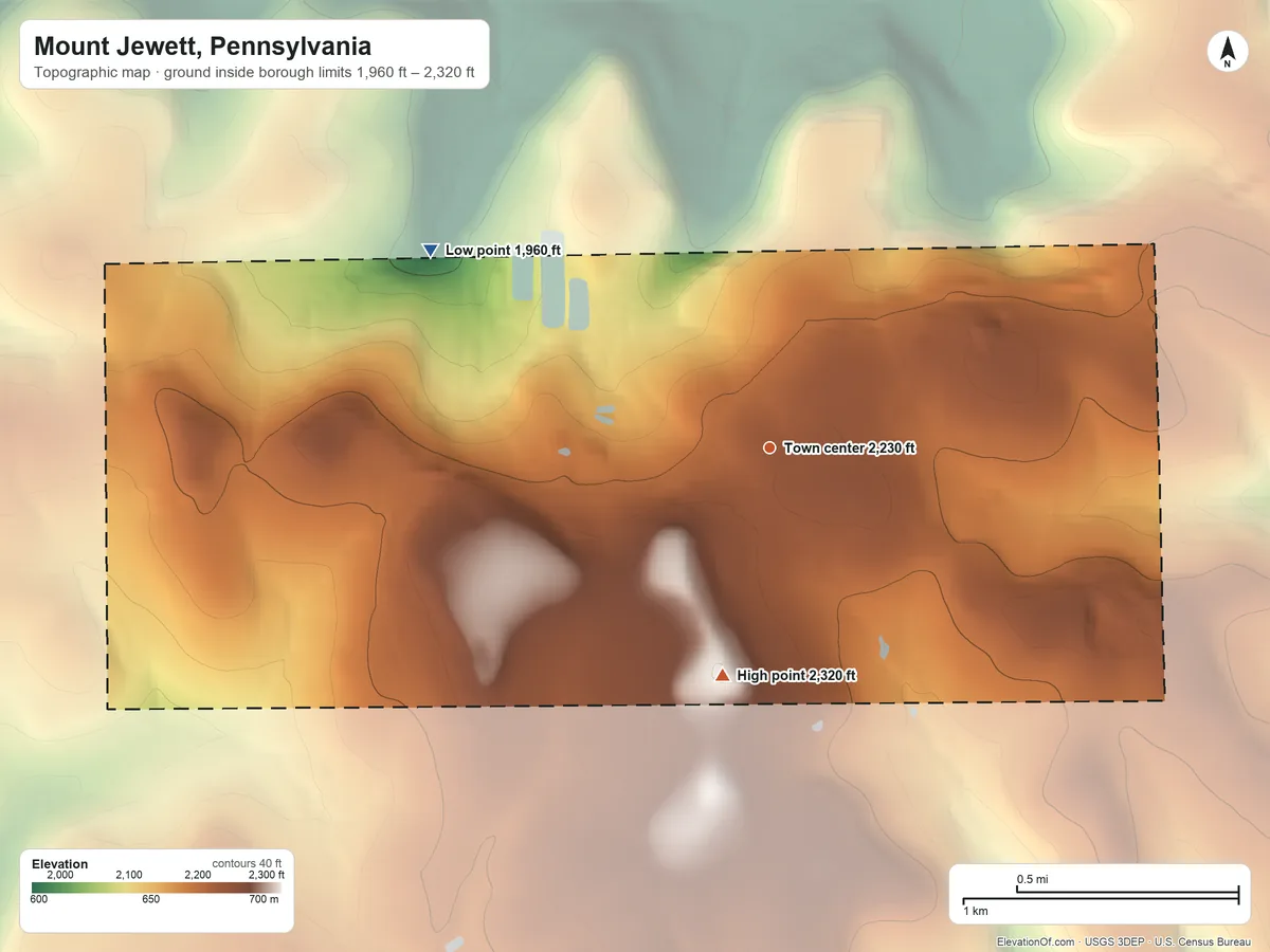 Topographic elevation map of Mount Jewett, Pennsylvania, shaded from 1,960 ft on the northwest side to 2,320 ft on the south side