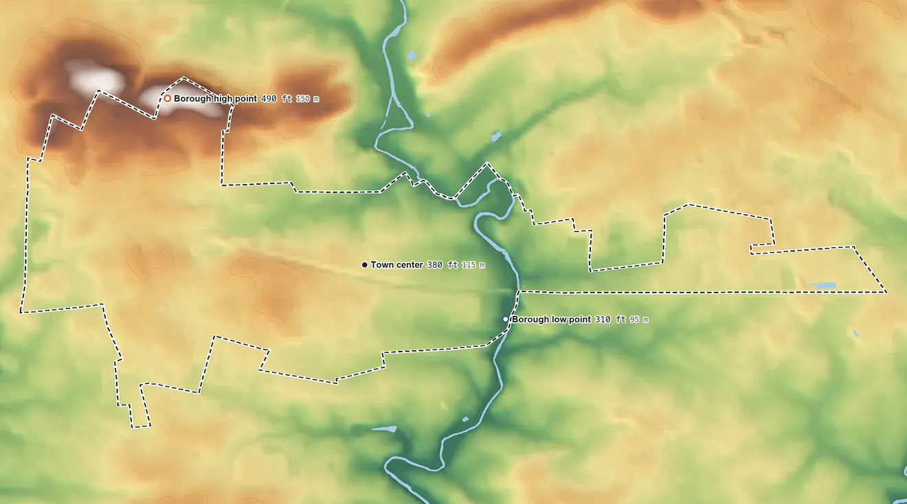 Topographic elevation map of Mount Joy, Pennsylvania, shaded from 310 ft on the east side to 490 ft on the northwest side