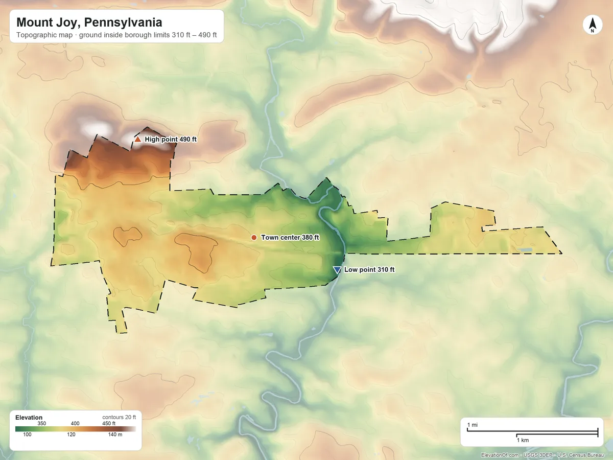 Topographic elevation map of Mount Joy, Pennsylvania, shaded from 310 ft on the east side to 490 ft on the northwest side