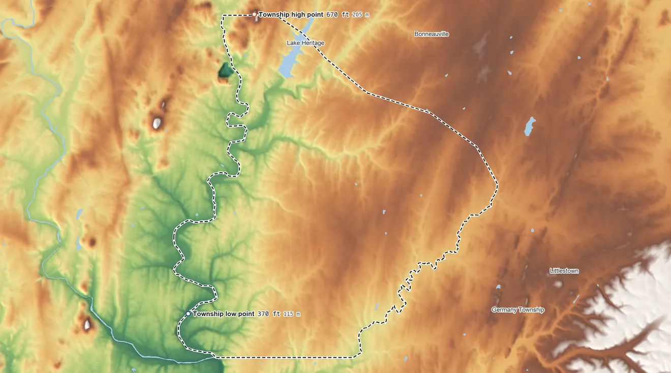 Topographic elevation map of Mount Joy Township, Adams County, Pennsylvania, shaded from 370 ft on the southwest side to 670 ft on Wolf Hill
