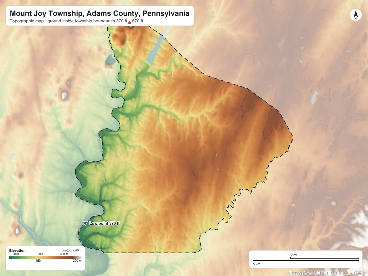 Topographic elevation map of Mount Joy Township, Adams County, Pennsylvania, shaded from 370 ft on the southwest side to 670 ft on Wolf Hill