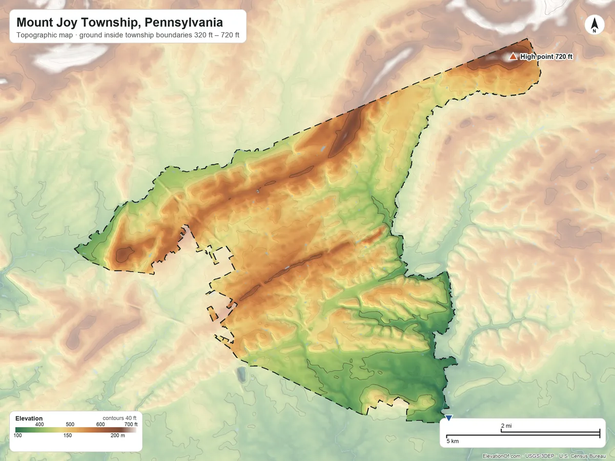 Topographic elevation map of Mount Joy Township, Pennsylvania, shaded from 320 ft on the southeast side to 720 ft at the foot of the Furnace Hills