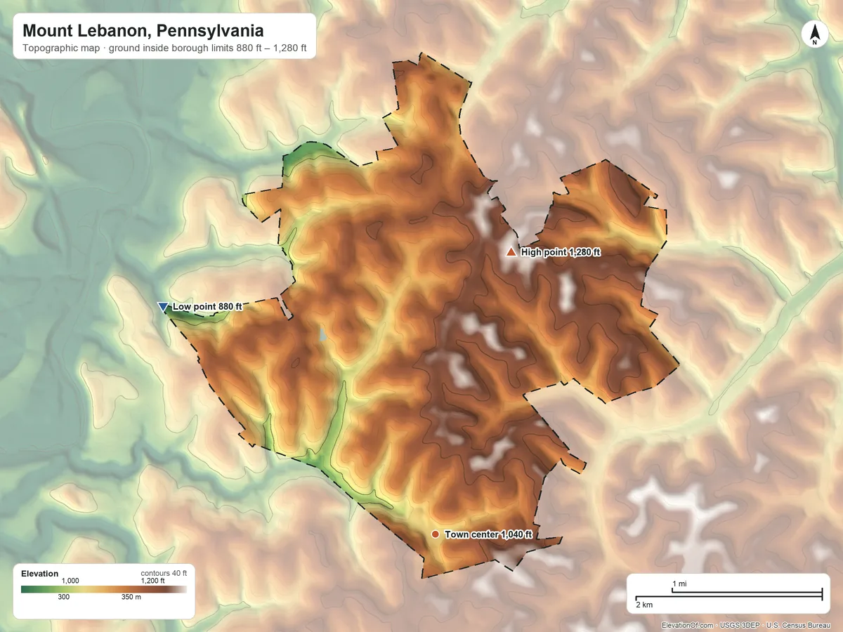 Topographic elevation map of Mount Lebanon, Pennsylvania, shaded from 880 ft on the northwest side to 1,280 ft on the north side