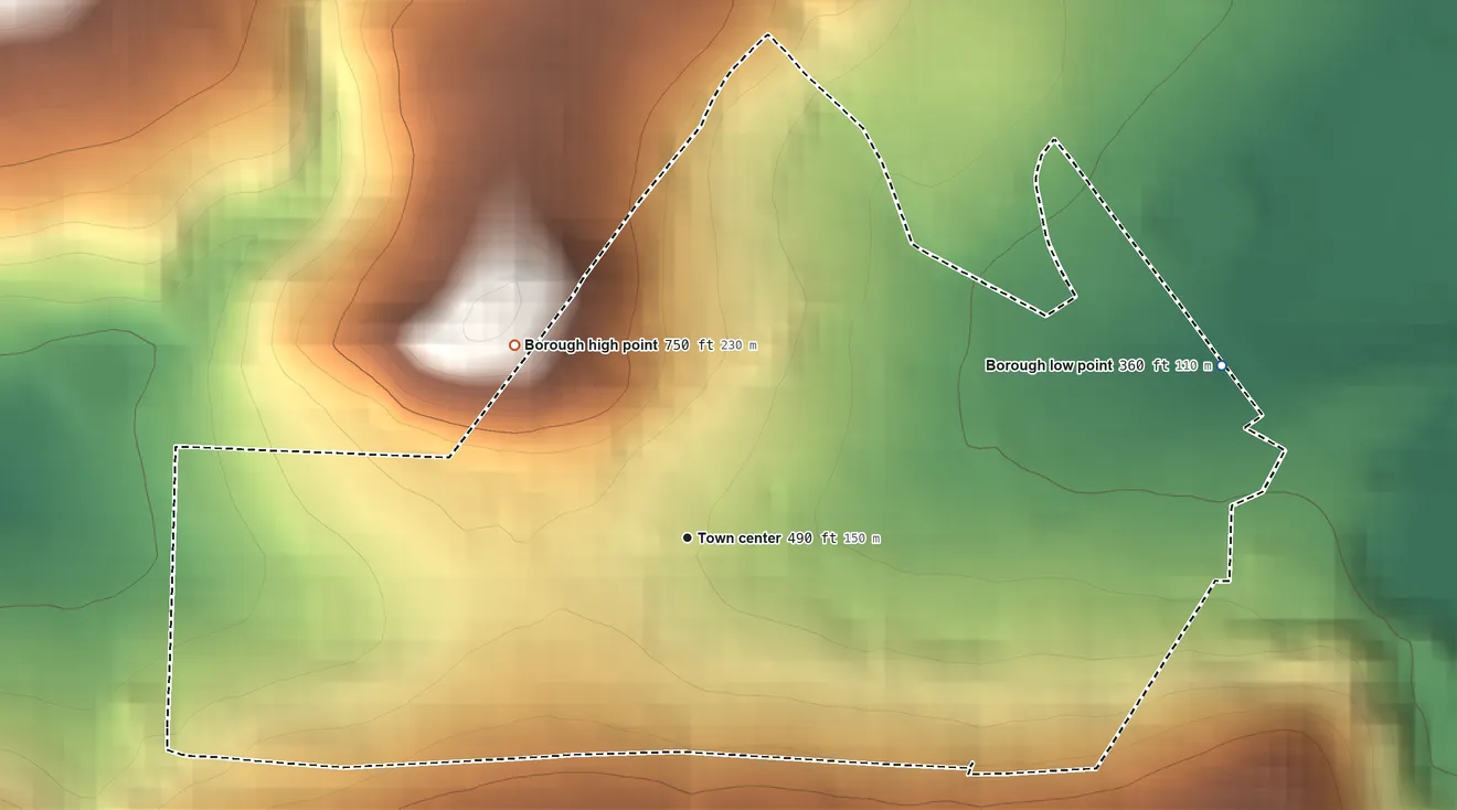 Topographic elevation map of Mount Penn, Pennsylvania, shaded from 360 ft on the east side to 750 ft on the northwest edge, below higher ground just outside