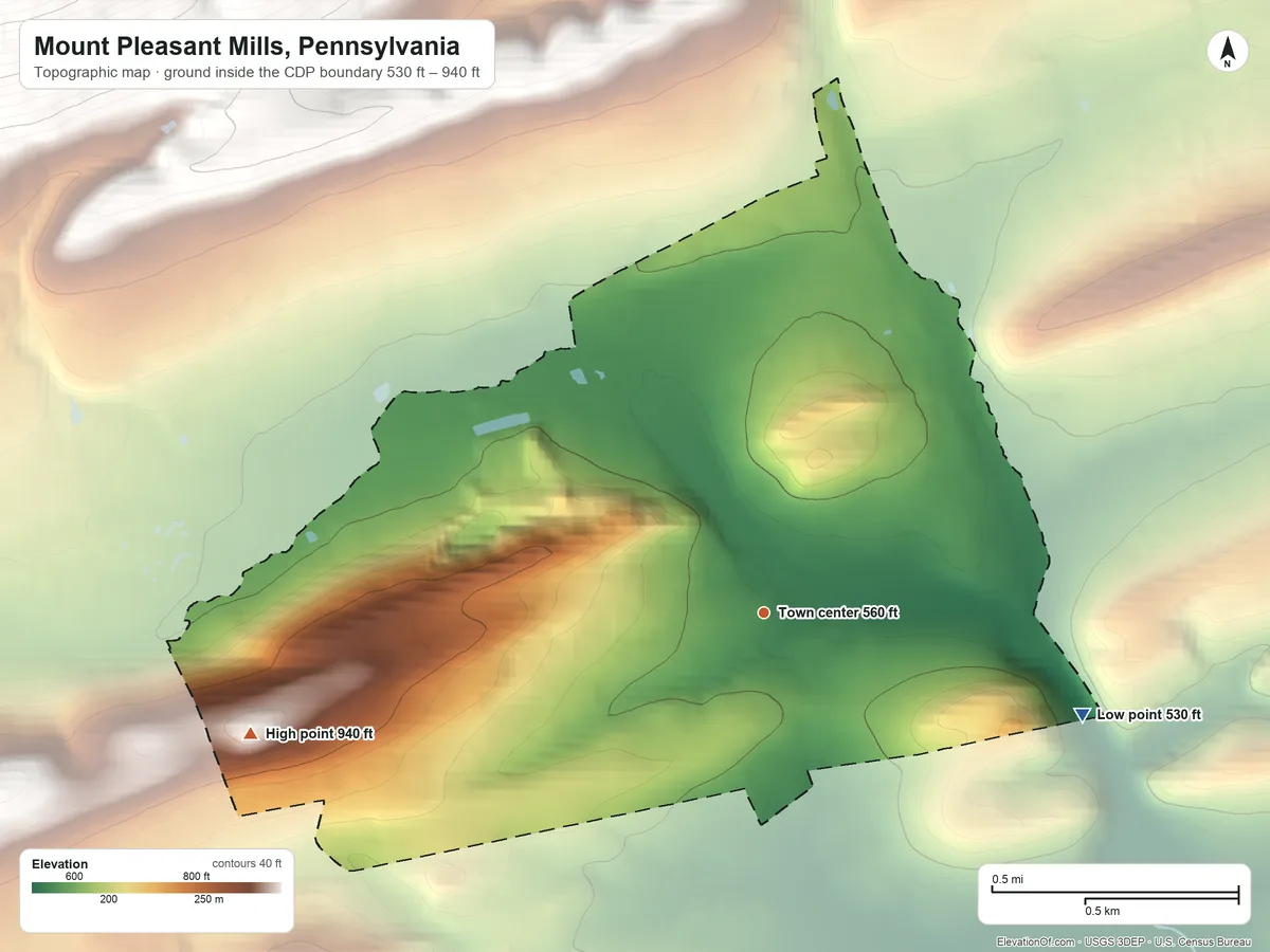 Topographic elevation map of Mount Pleasant Mills, Pennsylvania, shaded from 530 ft on the east side to 940 ft on the west edge, below higher ground just outside