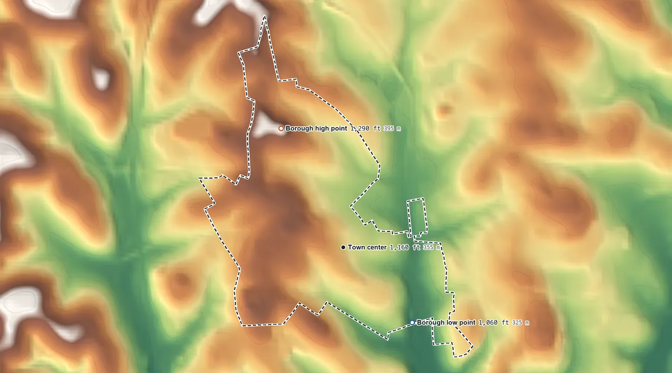 Topographic elevation map of Mount Pleasant, Pennsylvania, shaded from 1,060 ft on the southeast side to 1,290 ft on the northwest side