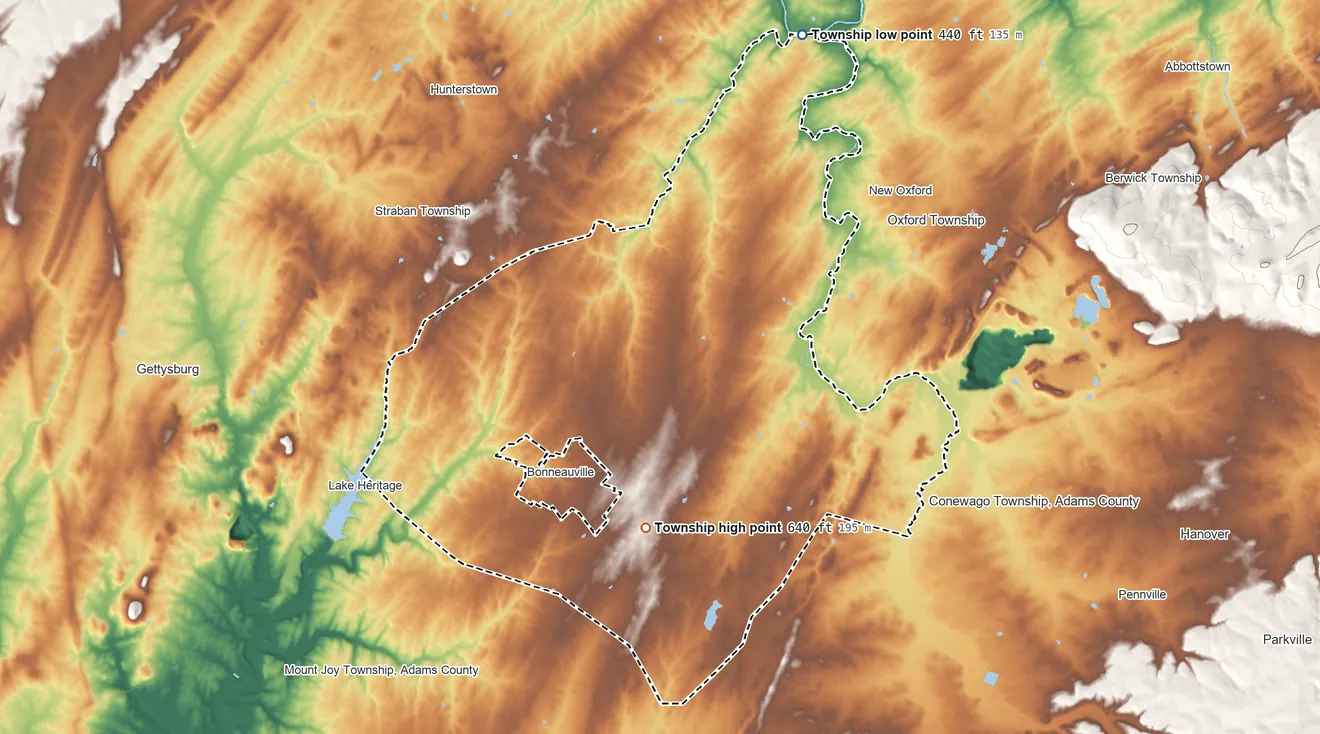 Topographic elevation map of Mount Pleasant Township, Adams County, Pennsylvania, shaded from 440 ft on the northeast side to 640 ft on the south side