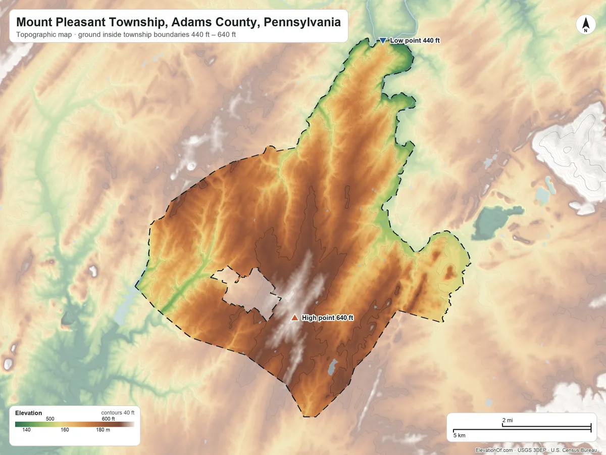 Topographic elevation map of Mount Pleasant Township, Adams County, Pennsylvania, shaded from 440 ft on the northeast side to 640 ft on the south side