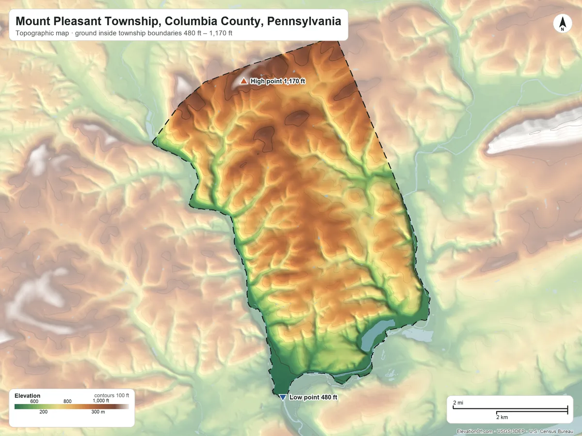 Topographic elevation map of Mount Pleasant Township, Columbia County, Pennsylvania, shaded from 480 ft on the south side to 1,170 ft on the north side