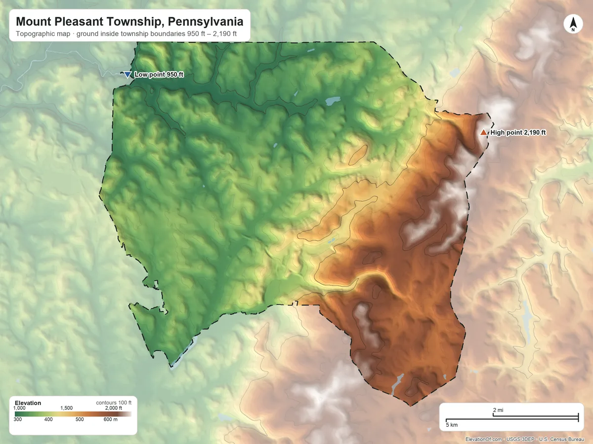 Topographic elevation map of Mount Pleasant Township, Pennsylvania, shaded from 950 ft on the northwest side to 2,190 ft on the east side