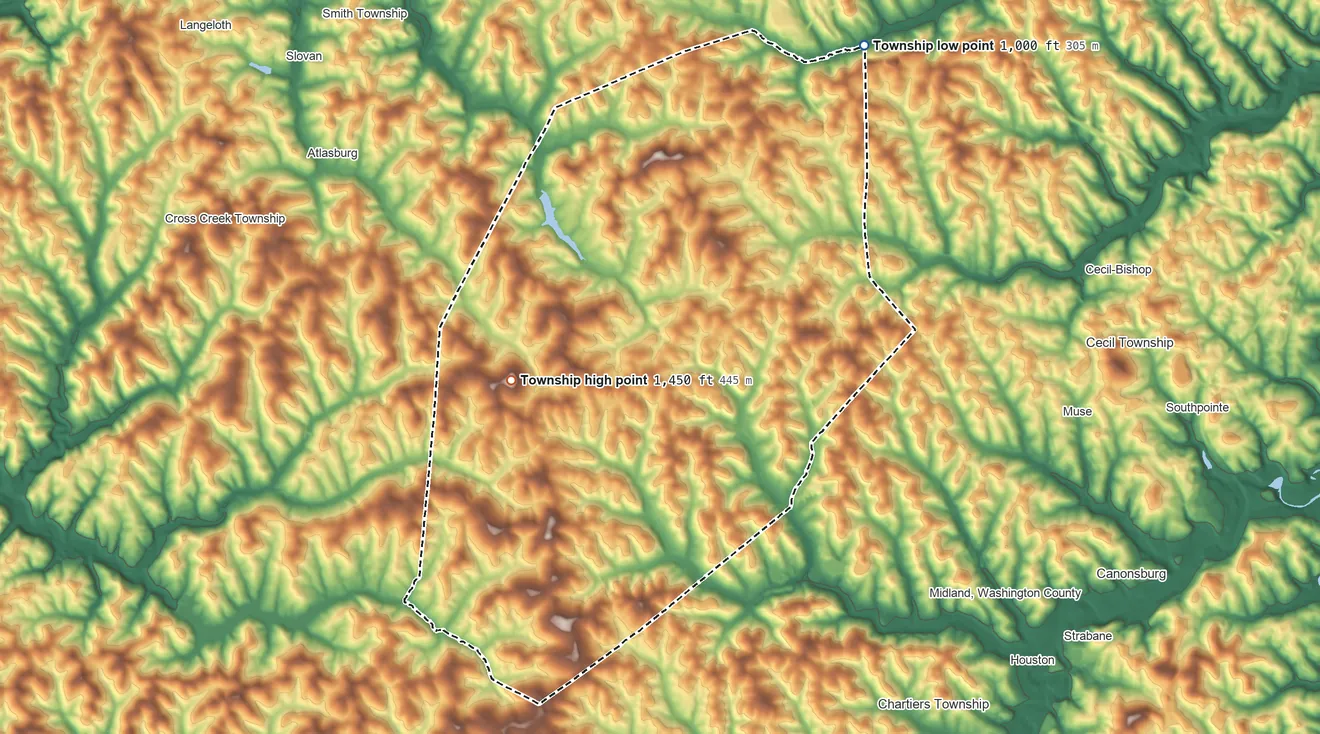 Topographic elevation map of Mount Pleasant Township, Washington County, Pennsylvania, shaded from 1,000 ft on the northeast side to 1,450 ft on the southwest side