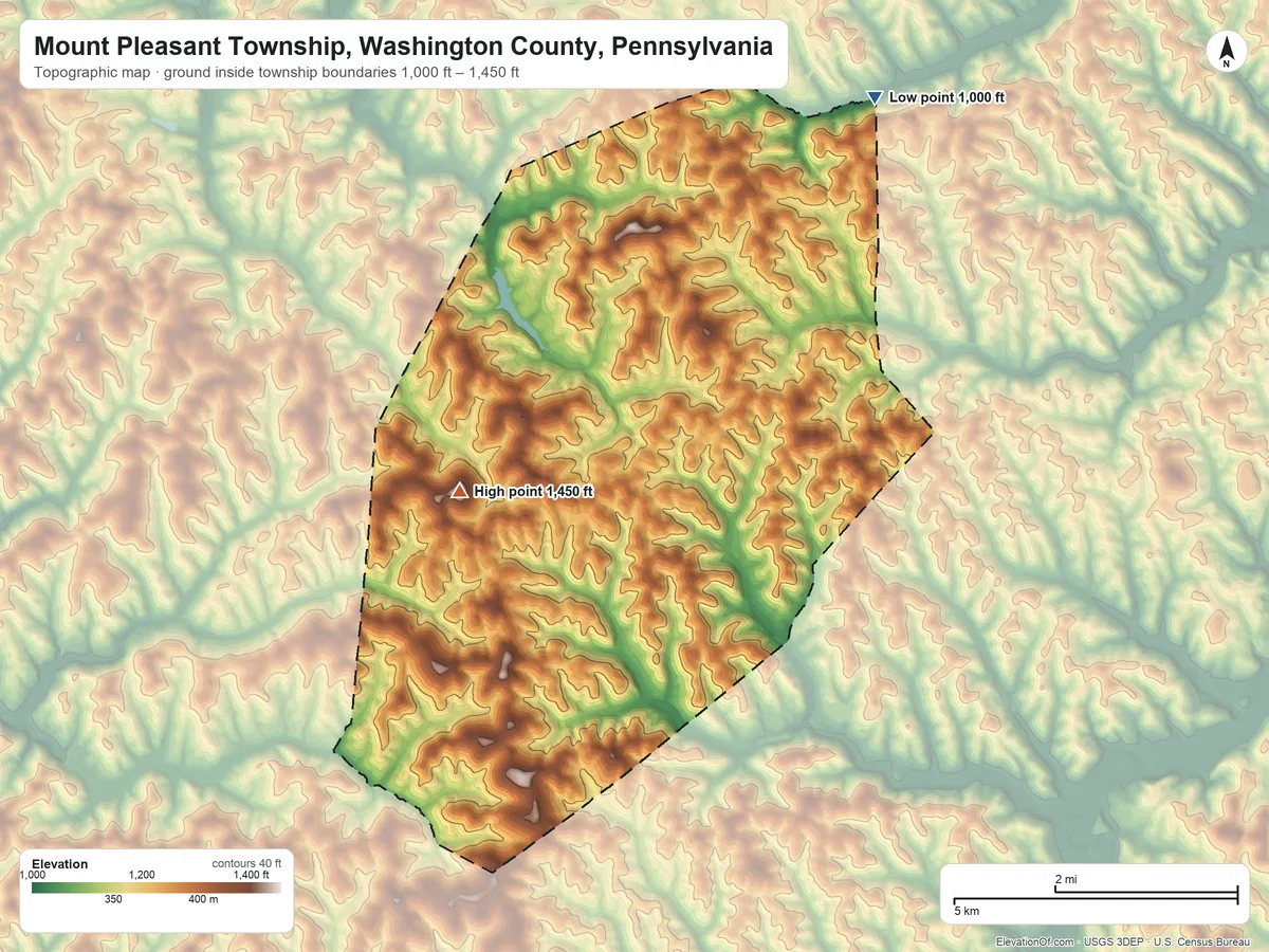 Topographic elevation map of Mount Pleasant Township, Washington County, Pennsylvania, shaded from 1,000 ft on the northeast side to 1,450 ft on the southwest side
