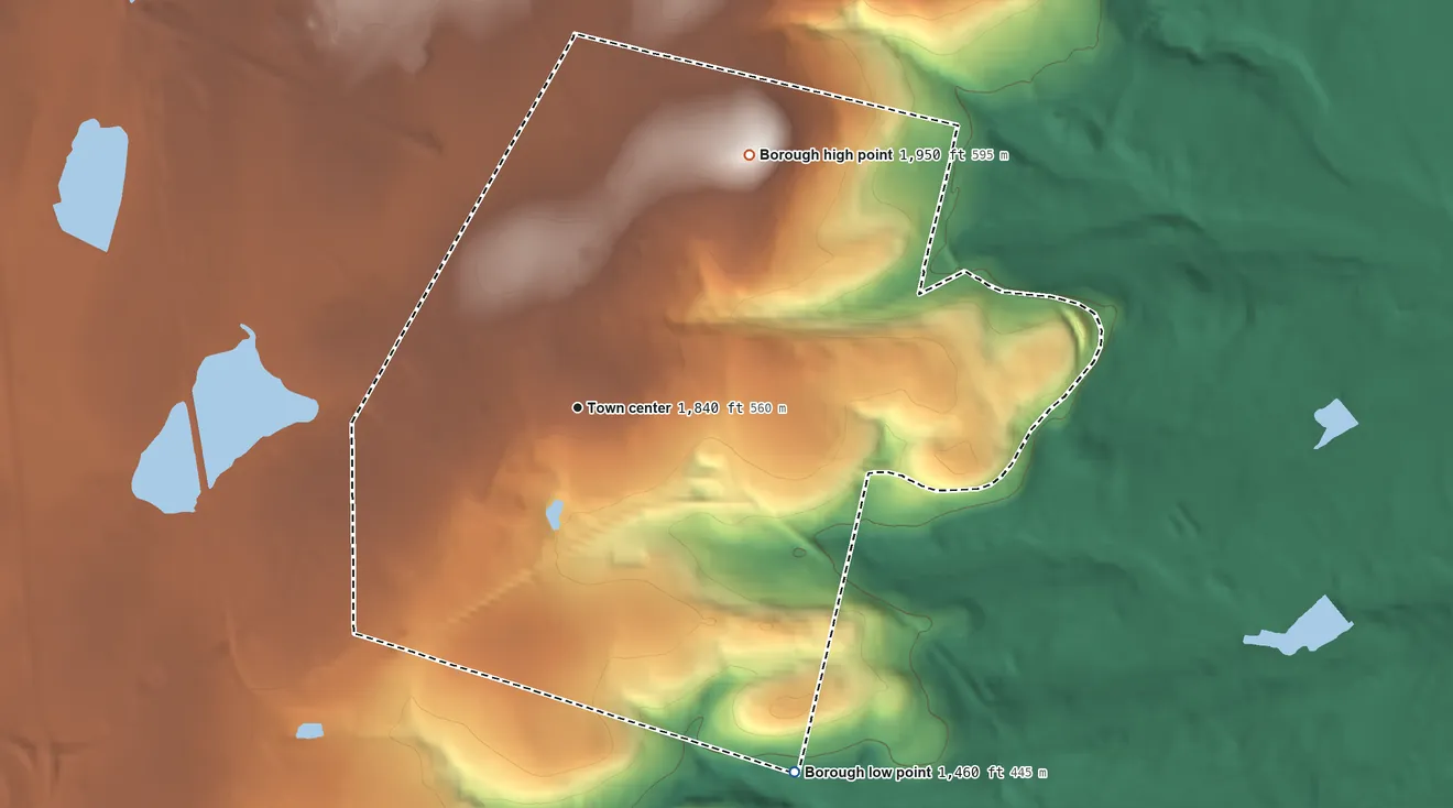 Topographic elevation map of Mount Pocono, Pennsylvania, shaded from 1,460 ft on the southeast side to 1,950 ft on the northeast side