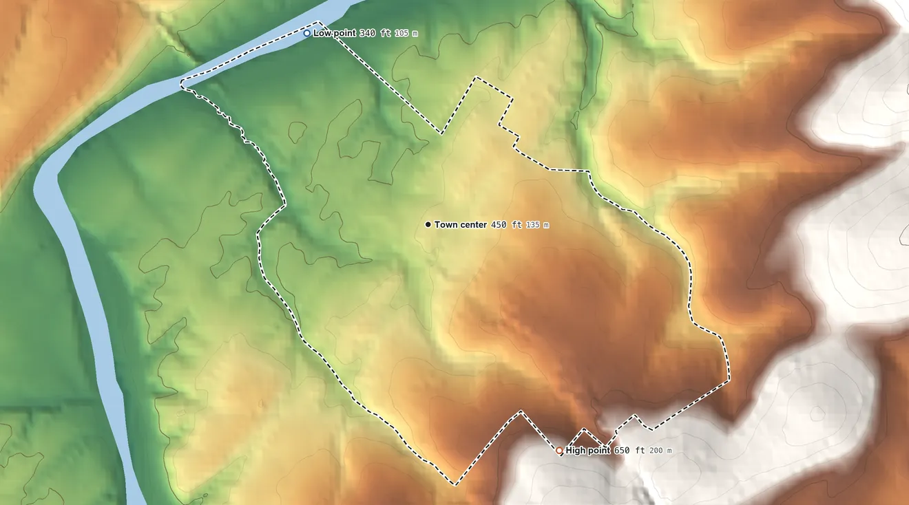 Topographic elevation map of Mount Royal, Pennsylvania, shaded from 340 ft on the northwest side to 650 ft at the foot of the Conewago Mountains