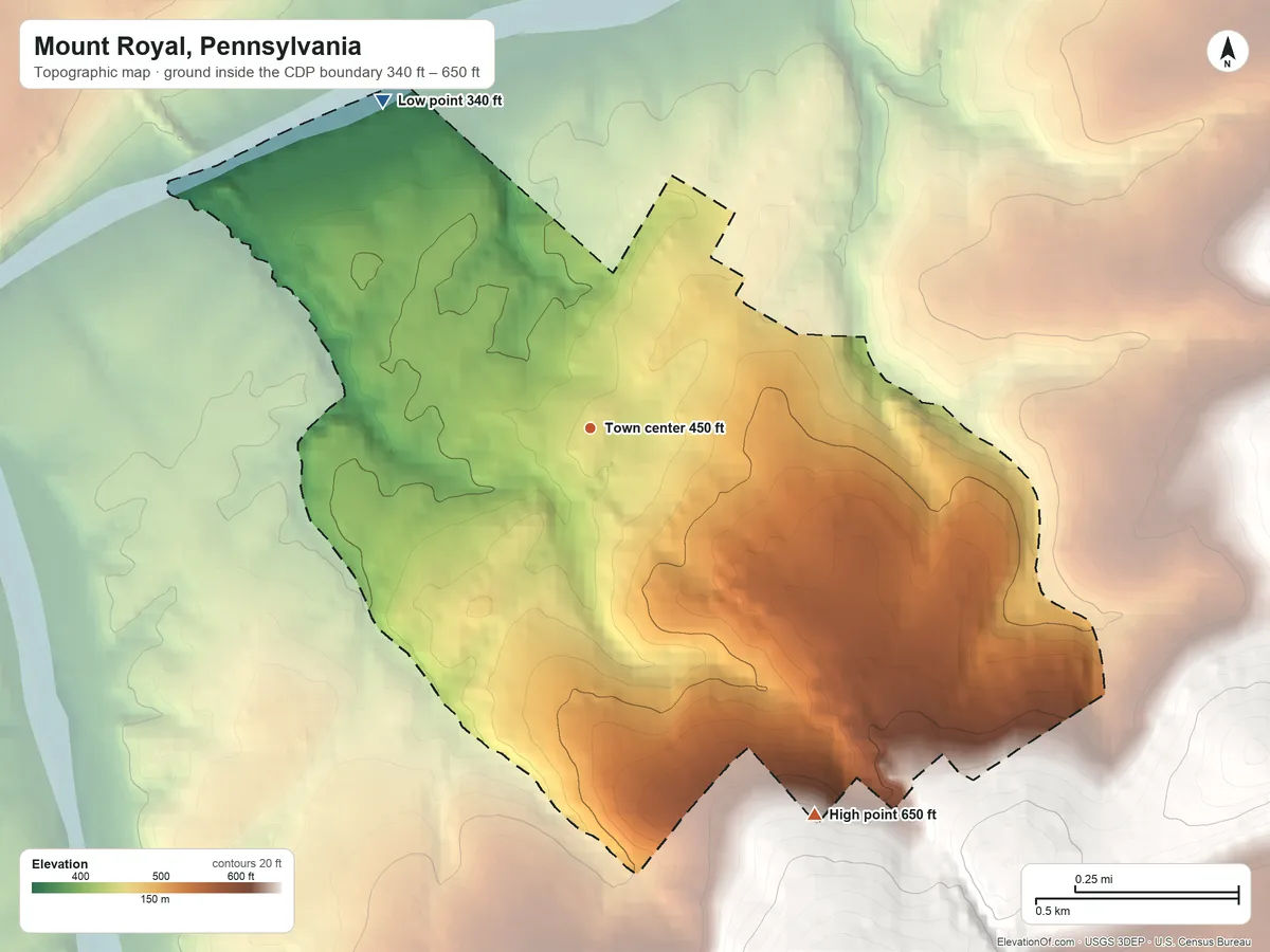 Topographic elevation map of Mount Royal, Pennsylvania, shaded from 340 ft on the northwest side to 650 ft at the foot of the Conewago Mountains