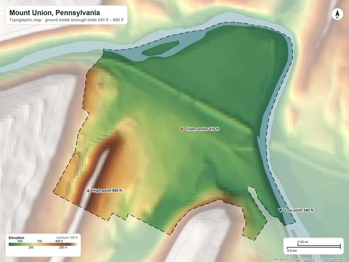 Topographic elevation map of Mount Union, Pennsylvania, shaded from 540 ft on the southeast side to 890 ft on the southwest edge, below higher ground just outside