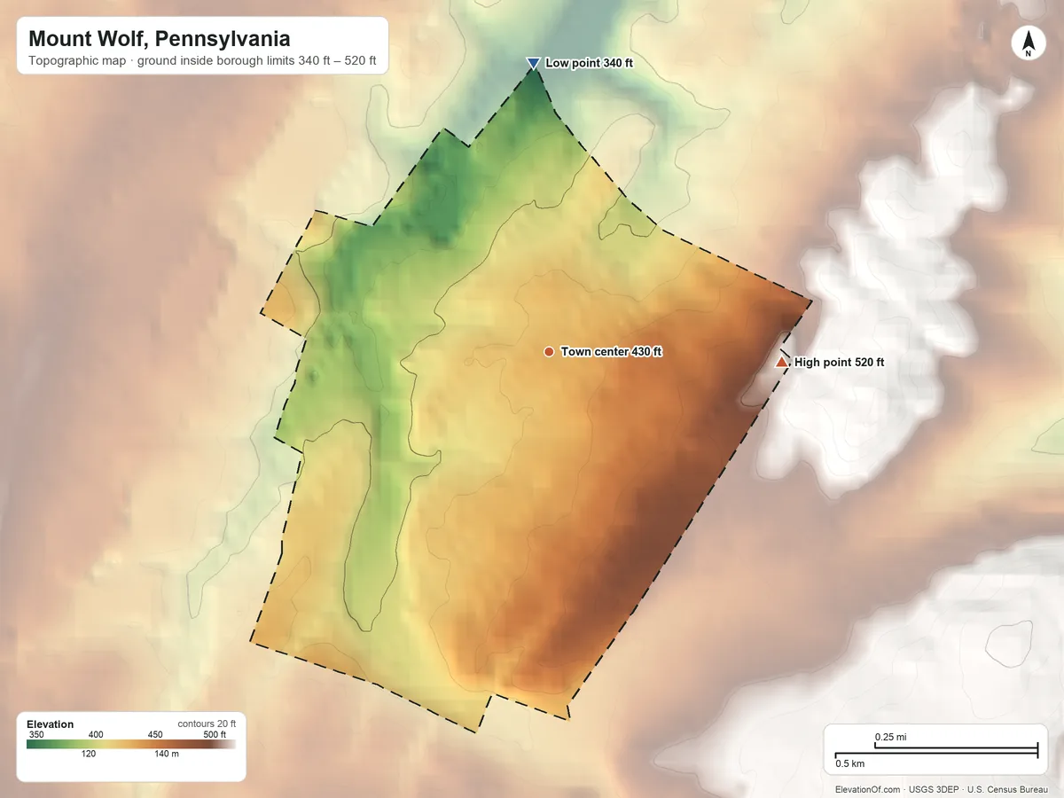 Topographic elevation map of Mount Wolf, Pennsylvania, shaded from 340 ft on the north side to 520 ft on the east side