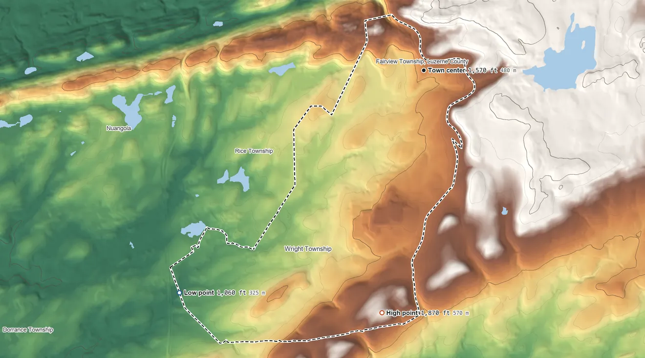 Topographic elevation map of Mountain Top, Pennsylvania, shaded from 1,060 ft on the southwest side to 1,870 ft on the south side
