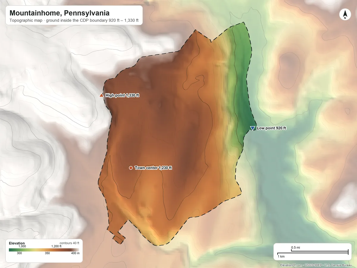Topographic elevation map of Mountainhome, Pennsylvania, shaded from 920 ft on the east side to 1,330 ft at the foot of the Pocono Mountains