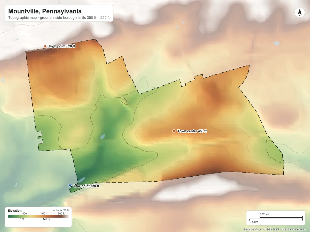 Topographic elevation map of Mountville, Pennsylvania, shaded from 350 ft on the southwest side to 520 ft on the northwest side