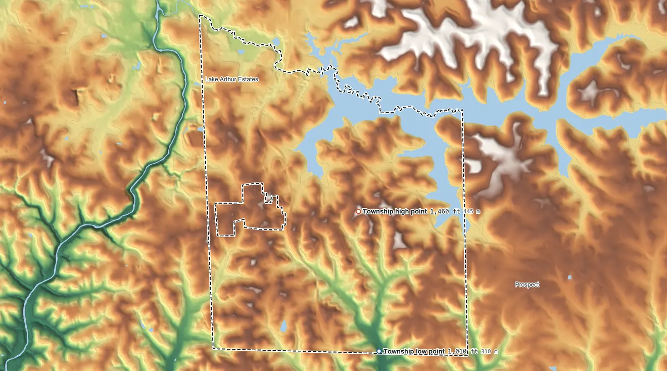 Topographic elevation map of Muddy Creek Township, Pennsylvania, shaded from 1,010 ft on the southeast side to 1,460 ft on the east side