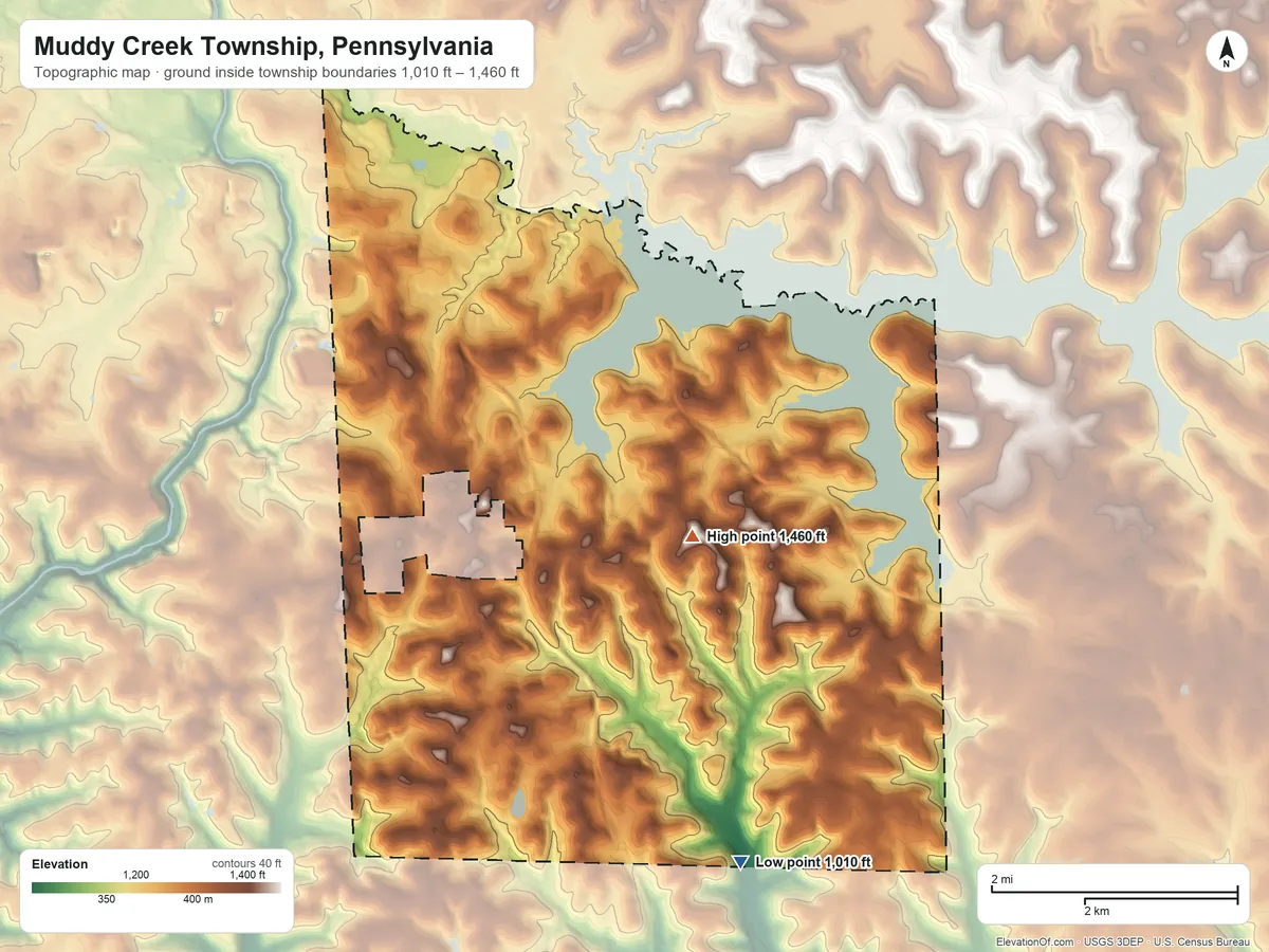 Topographic elevation map of Muddy Creek Township, Pennsylvania, shaded from 1,010 ft on the southeast side to 1,460 ft on the east side