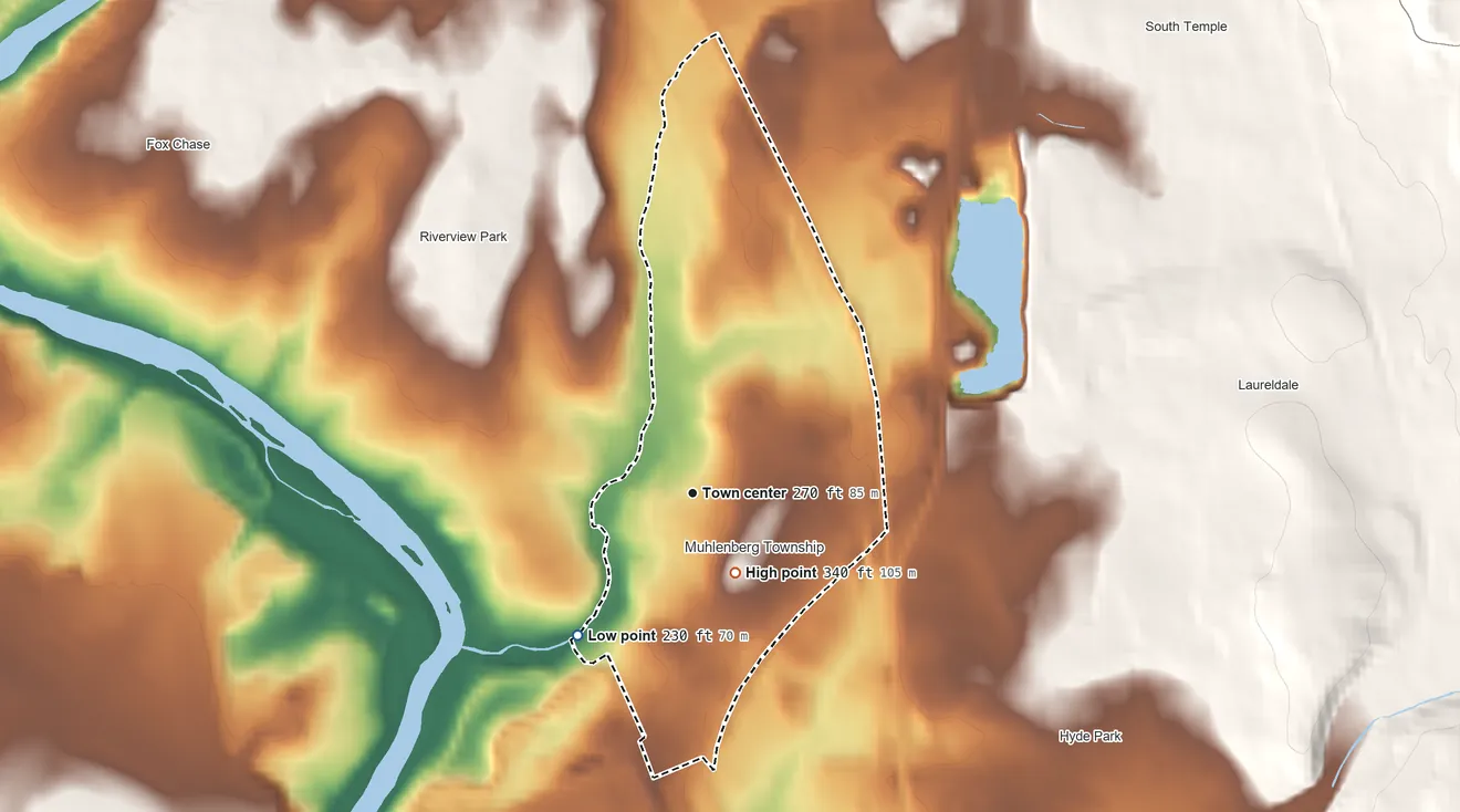 Topographic elevation map of Muhlenberg Park, Pennsylvania, shaded from 230 ft on the southwest side to 340 ft at the foot of the South Mountain