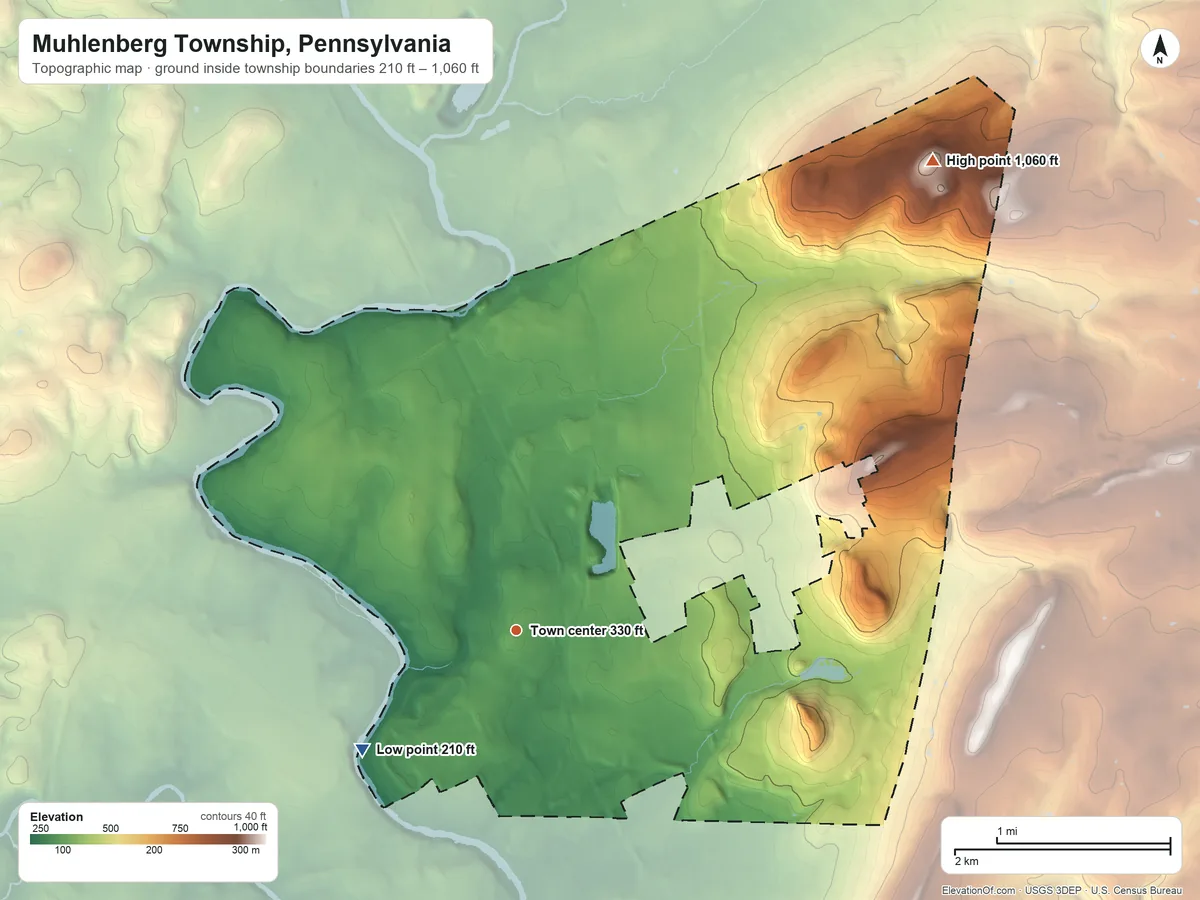 Topographic elevation map of Muhlenberg Township, Pennsylvania, shaded from 210 ft on the southwest side to 1,060 ft on Irish Mountain