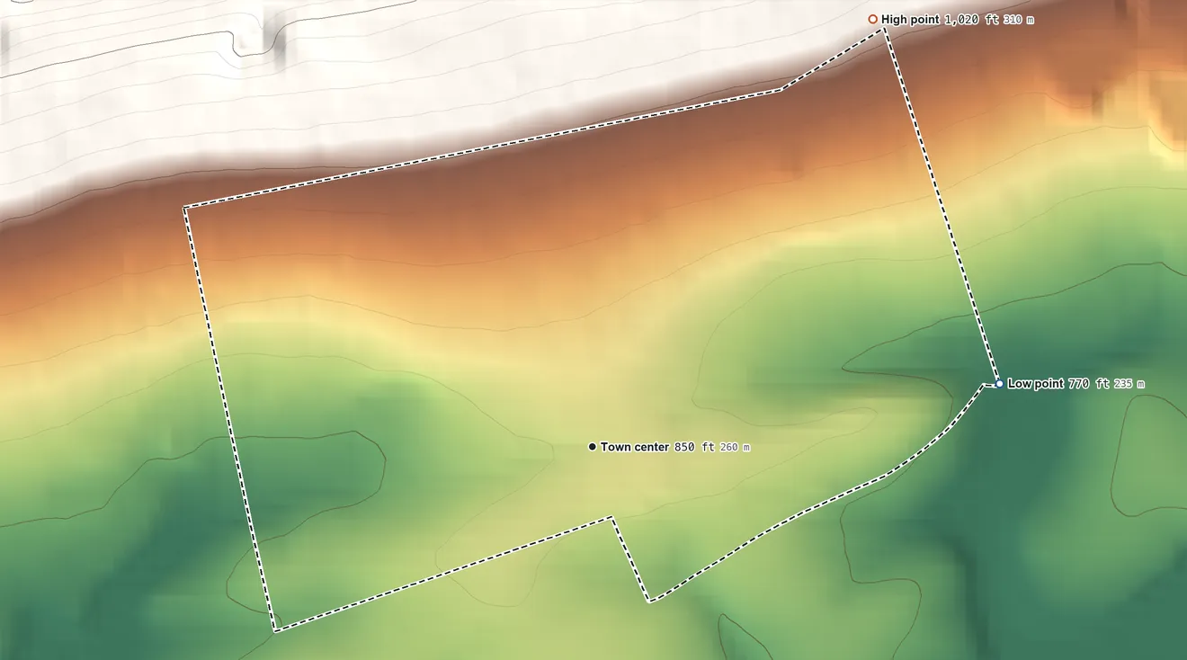 Topographic elevation map of Muir, Pennsylvania, shaded from 770 ft on the east side to 1,020 ft at the foot of the Bunker Hills