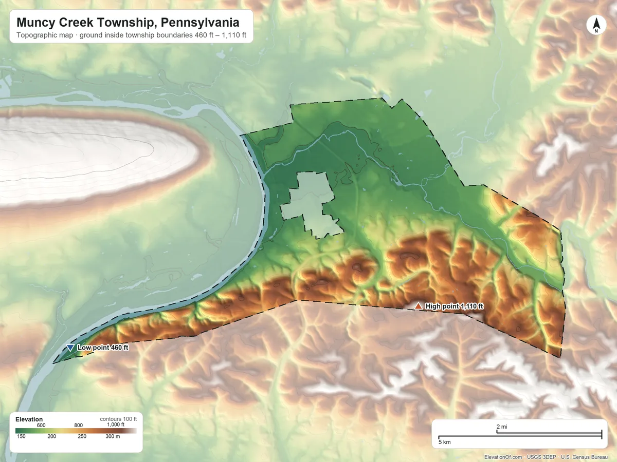 Topographic elevation map of Muncy Creek Township, Pennsylvania, shaded from 460 ft on the southwest side to 1,110 ft on the south side