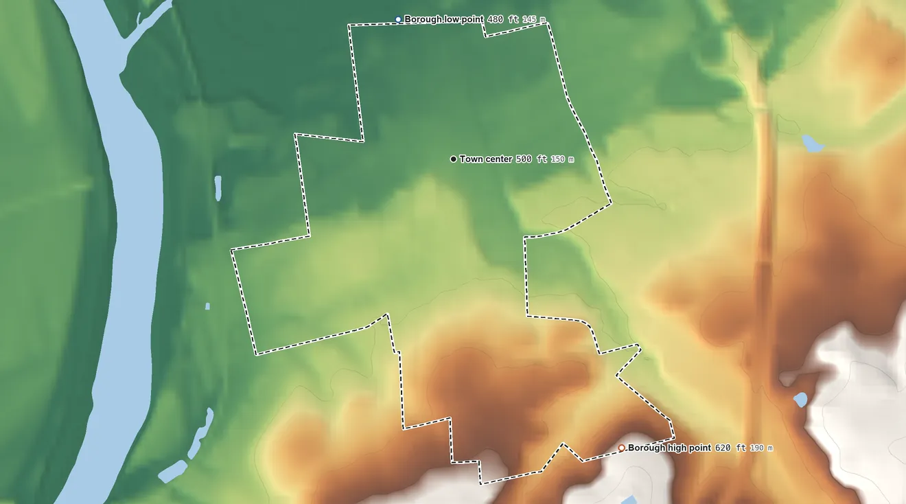 Topographic elevation map of Muncy, Pennsylvania, shaded from 480 ft on the north side to 620 ft at the foot of the Muncy Hills