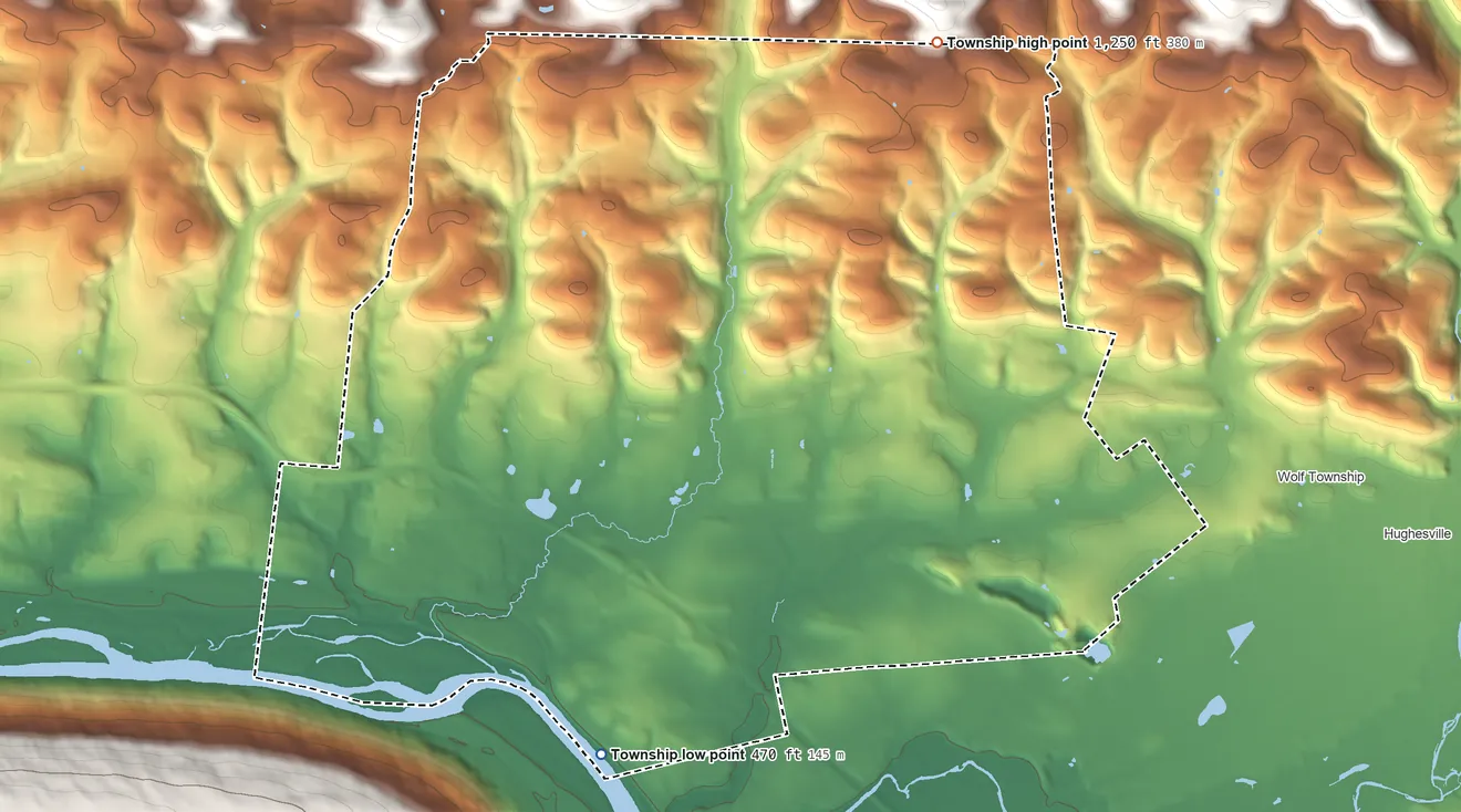 Topographic elevation map of Muncy Township, Pennsylvania, shaded from 470 ft on the southwest side to 1,250 ft on the northeast side